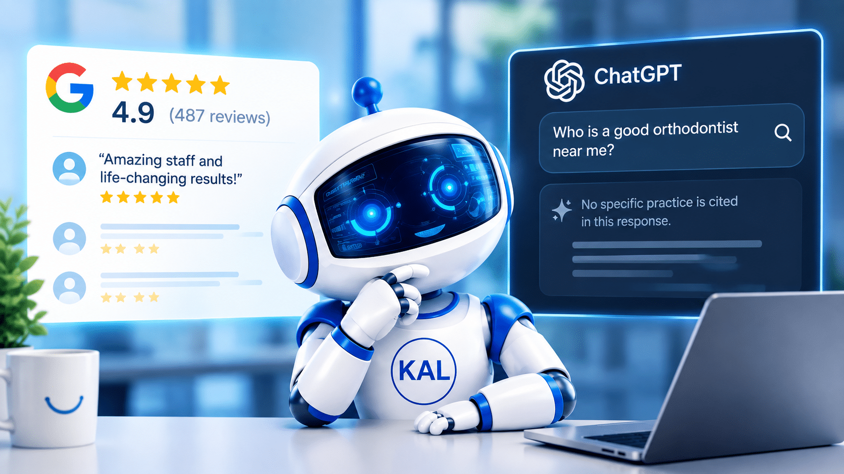 A thoughtful robot sits between a highly-rated Google review profile and a ChatGPT screen that fails to recommend a local orthodontist.