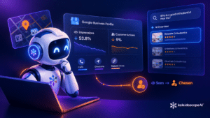 A 3D robot at a laptop analyzing declining Google Business Profile impressions and local search results for orthodontists.